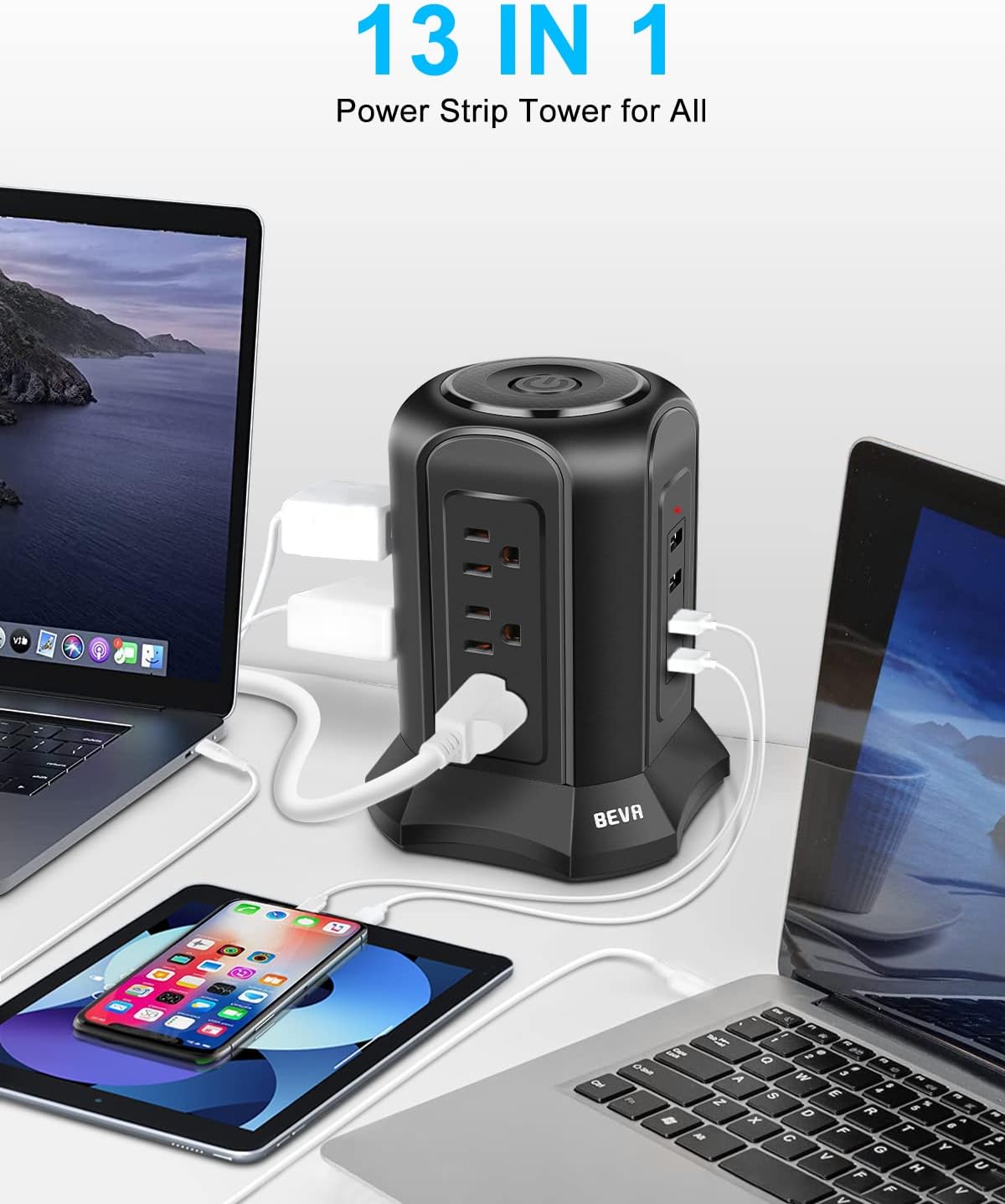 Power Strip Tower Surge Protector BEVA 10ft Flat Plug Desktop Charging Station 9 AC Outlets 4 USB Ports, 900 Joules, Long Extension Cord for Home Office Appliances Smartphones Computer Tablets(Black) - Image 2